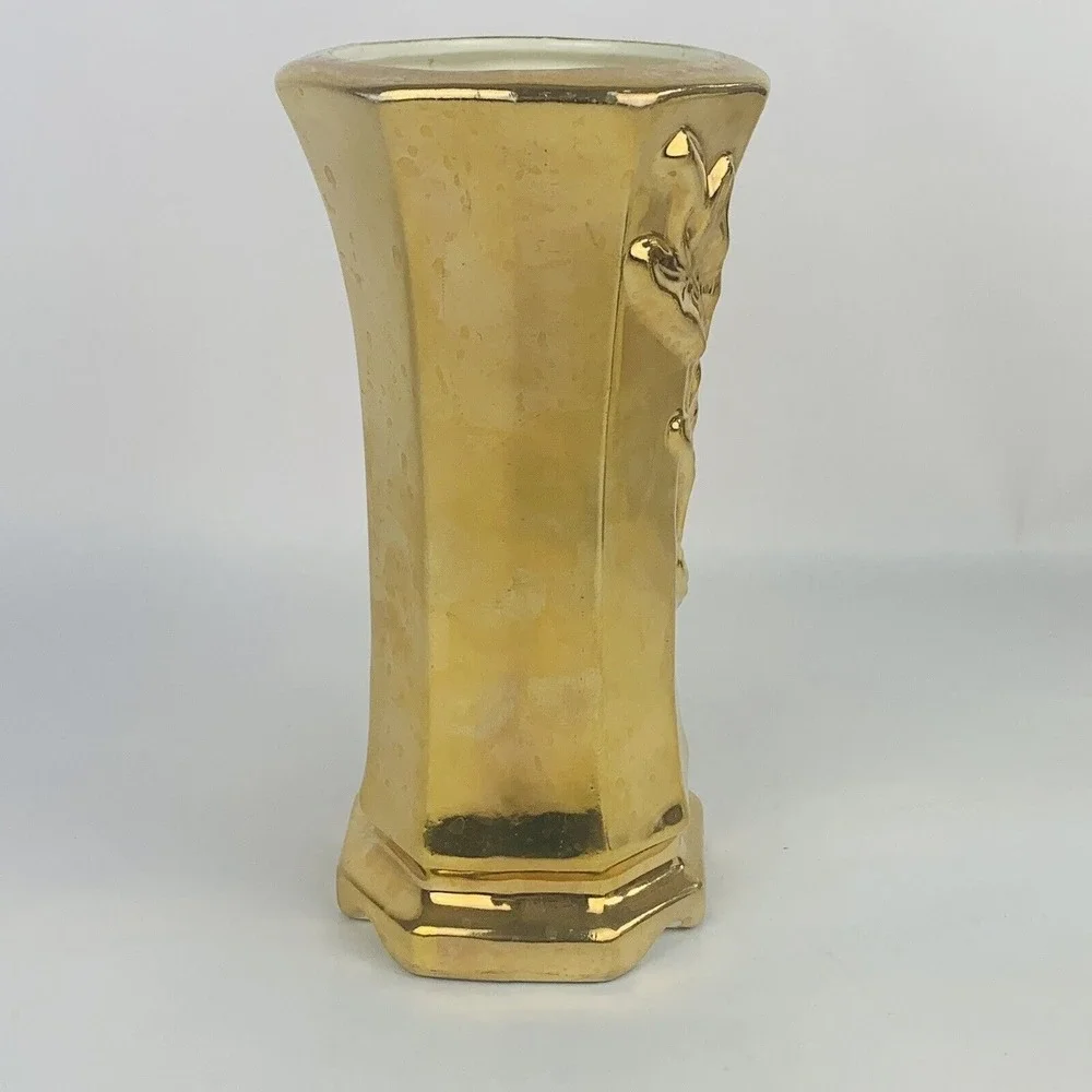 Vintage Gold Glaze Vase MCM Decor Ivy Leaf Flowers Wedding Holiday Metallic